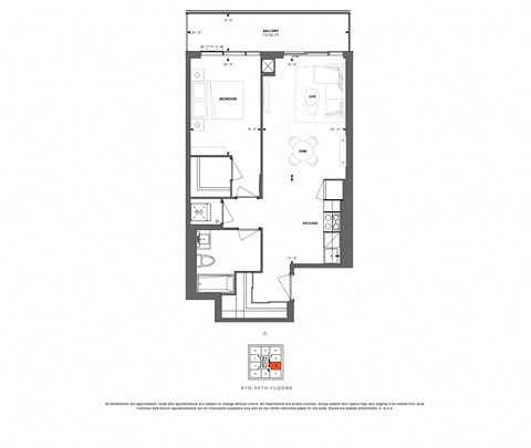 Floor plan for 1 bed, 1 bath, 685 sqft